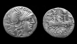 Cn. Lucretius Trio, Denarius, Dioscuri reverse